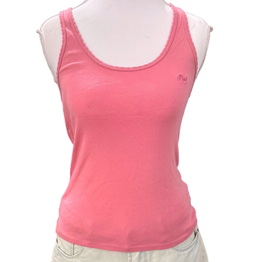 PINK Victoria's Secret Tank Top Picot Trim Embroidered Logo Pink Loungewear M